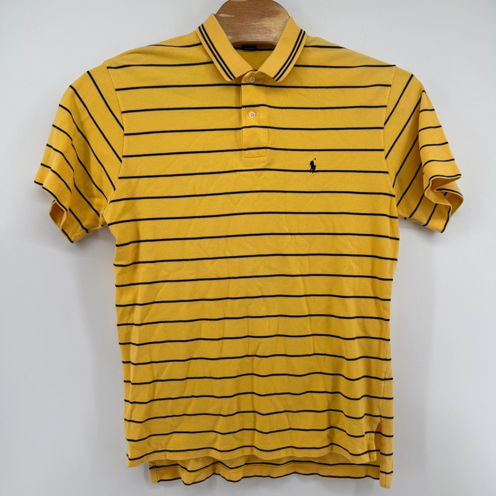 Polo Ralph Lauren Polo Shirt Men L Yellow Navy Striped Short Sleeve Cotton Pique - Picture 2 of 8